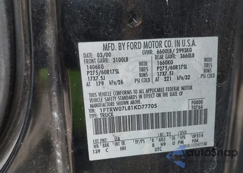 2001 Ford F-150 Harley-Davidson Edition/King Ranch Edition/Lariat/Xlt из США, поврежденный, VIN 1FTRW07L81KD77705